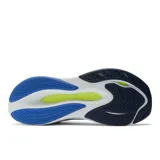 Championes de running New Balance FuelCell Propel v4, color blanco con detalles en azul y amarillo.