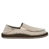 Zapatos tipo slip-on Sanuk modelo Donny Hemp, color beige, con diseño de talón plegable y costuras visibles en la puntera. Presentan ojales laterales para ventilación y suela de goma en tono marrón oscuro.
