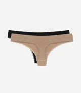 Pack de dos tangas de algodón, una color negro y otra color beige, con detalles de encaje en los bordes.
