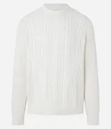 Suéter masculino confeccionado en punto con algodón más sostenible, cuello redondo, manga larga y bajo ajustados. Prenda con textura en efecto trenzado.