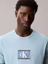 Remera de manga corta y cuello redondo en color celeste, con estampado frontal de logo Calvin Klein en un recuadro central.