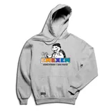 Canguro gris con capucha y bolsillo frontal tipo canguro. Presenta un estampado central que muestra una tortuga con gorro usando un aerosol, acompañada del logo de la marca Emexem y la frase More Stories Less Status.