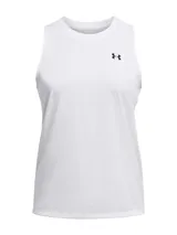 Musculosa deportiva Under Armour de corte holgado, color blanco, con cuello redondo y logo de la marca estampado en el pecho. Confeccionada en tejido técnico de secado rápido y tacto suave.