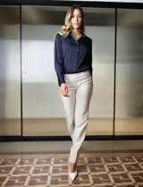 Pantalón de vestir color beige, marca Zac & Rachel, con bolsillos delanteros y traseros. Confeccionado en poliéster y elastano.