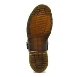 Zapatos Mary Jane Dr. Martens modelo Polley Black Smooth, confeccionados en cuero negro con tira en T, hebilla metálica ajustable y costuras amarillas características en la suela.