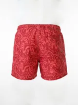Short de baño de secado rápido con estampado floral en tonos lila y violeta, con cintura elástica y cordón ajustable bicolor.