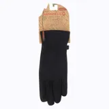 Guantes de microfleece color negro, diseñados para actividades al aire libre. Presentan un diseño minimalista con el logo de la marca en color naranja en el puño y un broche de seguridad para mantenerlos unidos.