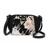 Cartera tipo bandolera de diseño semicircular, confeccionada en cuero sintético negro con un panel frontal estampado con motivos florales en tonos suaves. Cuenta con correa ajustable y cierre superior.