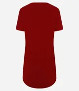 Vestido corto marrón oscuro, estilo camiseta, con escote redondo, mangas cortas y bolsillos laterales. El bajo es redondeado.