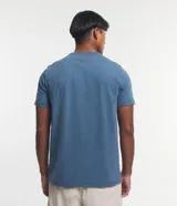 Remera azul de manga corta con cuello redondo y estampa de un círculo con una montaña en el centro.