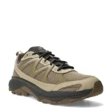 Championes de trail running Merrell modelo Tempo Exp, color beige con detalles en marrón oscuro y gris. Presentan una estructura de malla transpirable con refuerzos sintéticos, cordones oscuros y una suela robusta con relieve para mayor tracción.