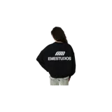 Buzo negro de cuello redondo y corte oversize, con estampa blanca en la espalda de la marca Eme Studios.
