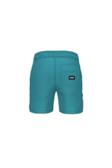 Short de baño color turquesa con cintura elástica y cordón de ajuste. Presenta un estampado lateral con un patrón de damero blanco y un logo estilizado en blanco en la parte delantera izquierda.