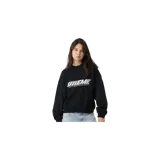 Buzo de cuello redondo negro, corte oversized de manga larga con estampa tipográfica frontal en blanco que dice "EMEME" y la frase "LISTEN TO YOUR FEELINGS, FEEL THE YOUTH".