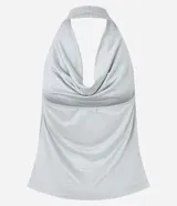 Top de mujer color azul marino con efecto satinado, diseño de cuello halter y escote drapeado (escote degagê o cuello boba).