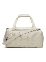 Bolso deportivo Under Armour Undeniable 5 Duffle XS, color beige, con asas superiores y correa de hombro ajustable. Incluye el logo de la marca estampado en el frente.
