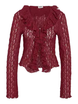 Blusa de manga larga con escote en V, volados frontales y tejido calado semi-transparente, confeccionada en punto liviano de fit ajustado.