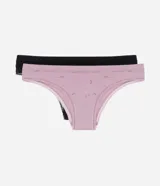 Kit de dos bombachas bikini sin costuras, una color lila claro y otra negra, ambas con textura y calce cavado.