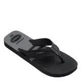 Sandalias tipo ojota Havaianas con diseño bicolor, base gris con franjas negras y tiras anchas de tela negra con detalle de textura y logo de la marca.