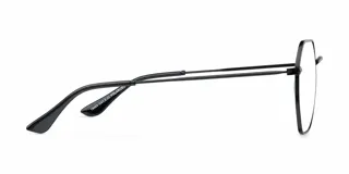 Lentes con protección de luz azul y filtro UV400, con armazón de acero inoxidable en color negro y forma geométrica. Presentan un diseño minimalista con perfiles finos y patillas esbeltas.