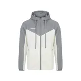 Campera deportiva con capucha y cierre frontal, diseño bicolor en gris y blanco con logo de la marca estampado en el pecho.