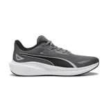 Championes de running Puma Skyrocket Lite, color gris oscuro con detalles en negro y suela blanca. Presentan un diseño aerodinámico con malla transpirable y tecnología Fit+ para un ajuste seguro.