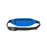 Riñonera azul con cierre superior negro y logo de la marca Caterpillar en negro en el frente.