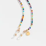 Correa para lentes con cuentas de cristal multicolor y terminales doradas con enganches de mosquetón.