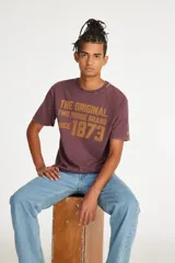 Remera de manga corta Levi's modelo Red Tab Vintage Tee, color bordó con efecto desgastado. Presenta un estampado frontal vintage en tonos amarillos con la inscripción "The Original Two Horse Brand Since 1873".