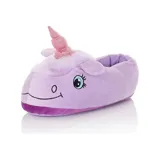 Pantuflas de peluche con diseño de unicornio en color celeste, con cuerno brillante y detalles bordados en el rostro.
