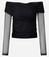 Blusa femenina confeccionada en tul negro, con escote hombro a hombro cruzado, mangas largas transparentes y textura fruncida. Diseño elegante y sofisticado de la marca Blue Steel.
