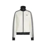 Campera deportiva Adidas de cuello alto, con cierre frontal, bolsillos laterales y diseño de tres rayas características en las mangas. Presenta puños y cintura acanalados en color negro, contrastando con el cuerpo en color blanco.