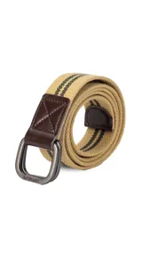 Cinto de tela canvas azul marino con galón de rayas blancas y celestes, hebilla doble metálica color peltre y terminaciones en símil cuero marrón.