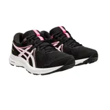 Championes de running Asics modelo Gel-Contend 7, color negro con detalles en blanco y rosa. Presentan tecnología AmpliFoam en la entresuela para mayor amortiguación y malla transpirable en la parte superior.
