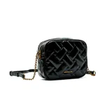Bandolera Korium Malu de cuero sintético marrón oscuro, con diseño acolchado de efecto entrelazado, cierre superior y correa combinada de cadena dorada y tira ajustable.