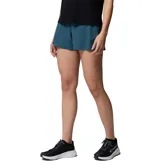 Short deportivo para correr de mujer, color azul, con cintura cómoda, slip elástico integrado y bolsillos, incluyendo uno de seguridad con cremallera.