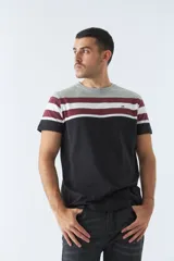 Remera de hombre a rayas horizontales en tonos rosa, blanco y azul marino. Tiene logo bordado en el pecho y corte regular.