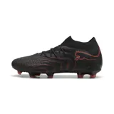 Championes de fútbol Puma Future 9 Ultimate FG, color negro con detalles en rojo/naranja, de corte alto tipo calcetín y suela con tapones para césped firme (FG).