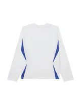 Remera de manga larga Obey, color blanco con paneles laterales y en hombros en color azul. Presenta estampado gráfico frontal con tipografía y logo de la marca.
