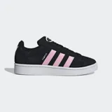 Championes Adidas Campus 00s negros con las tres tiras laterales en rosa pastel y suela blanca.