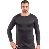Remera deportiva de manga larga negra, con cuello redondo y logo blanco en el pecho.