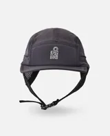 Gorro de agua Rip Curl modelo S Series Surf, color negro gastado, con solapa protectora para el cuello y laterales de red. Cuenta con correa ajustable con hebilla.