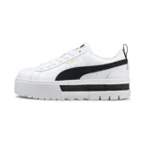Championes Puma Mayze Lth blancos con detalles en negro y dorado. Capellada de cuero con detalles sintéticos y de gamuza. Plataforma de goma texturizada.