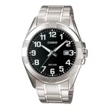 Reloj Casio MTP1308D-1BVDF para hombre, con caja y correa de acero inoxidable plateado. Esfera negra con agujas e indicadores luminiscentes, calendario a las 3 y cristal mineral. Resistente al agua hasta 50 metros.