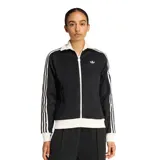 Campera deportiva Adidas con cierre frontal, cuello alto, mangas largas con las icónicas tres tiras blancas y puños y ruedo en tejido acanalado. Presenta el logo del trébol bordado en el pecho.