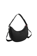 Cartera tipo bandolera de cuero sintético negro con textura, forma de media luna y cierre de cremallera. Incluye organizador interno, asa corta de hombro y tira regulable y desmontable. Logo de Las Oreiro en relieve en el frente.