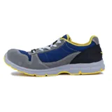 Championes de seguridad Diadora Run Text Low S1P SRC ESD, en color gris oscuro con paneles de malla azul, detalles en amarillo y suela tricolor.
