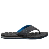 Ojotas Volcom modelo Recliner, de color negro con detalles en azul y gris. Cuenta con una plantilla texturizada acolchada y tira de dedo con el logo de la marca.