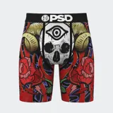 Calzoncillos bóxer estampados con calavera con cuernos, ojo y rosas.