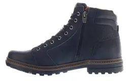 Bota de cuero color marrón con diseño de caña media, cierre lateral y cordones frontales. Presenta suela de goma dentada antideslizante y detalles de costuras reforzadas.